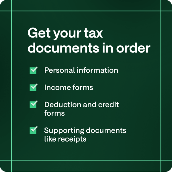 Checklist summarizing key tax documents and information: personal information, income forms, deduction and credit forms, and supporting documents like receipts.