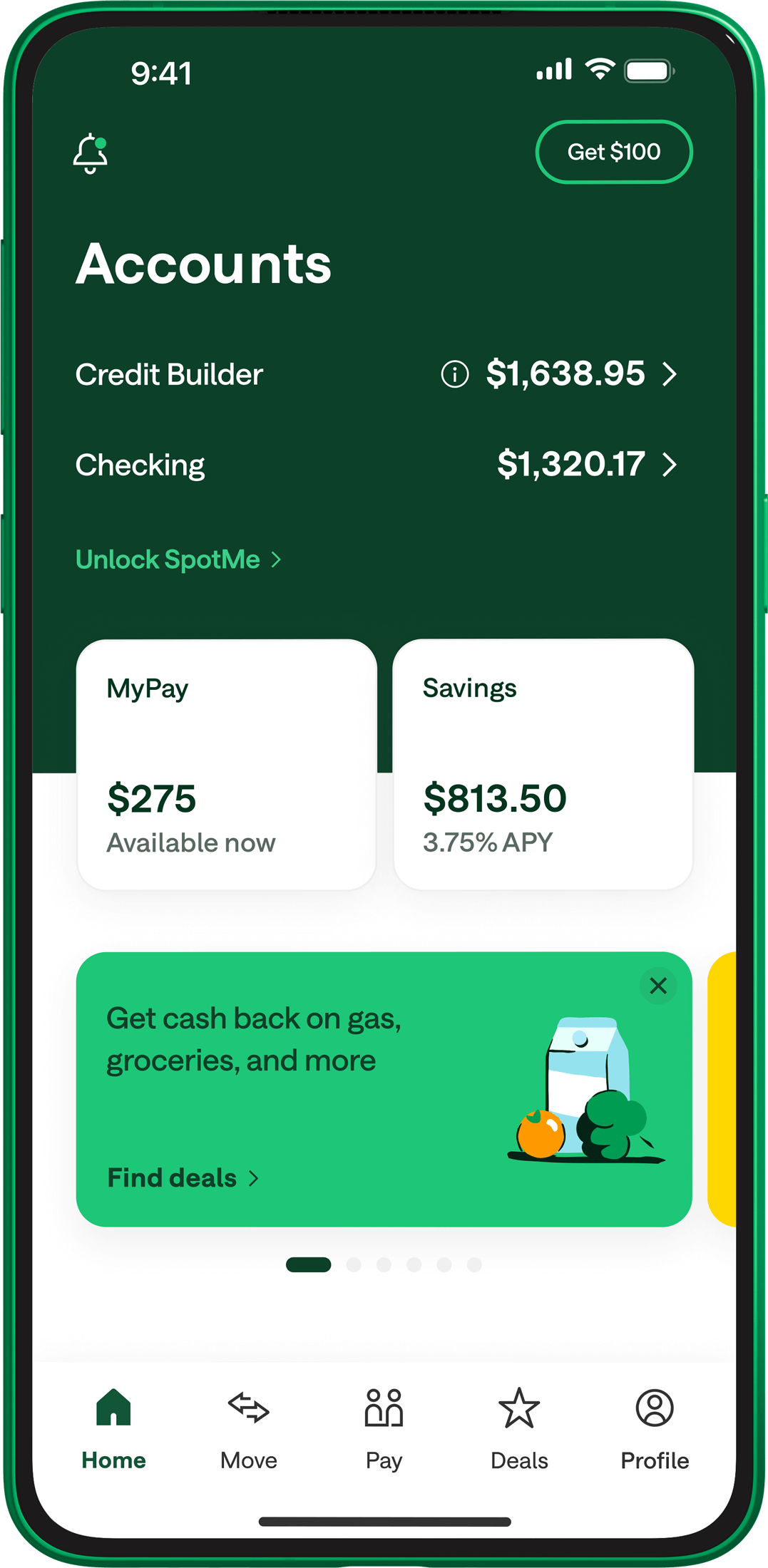 Savings Accounts home screen