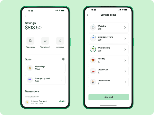 Two screenshots showing how Savings Goals works within the Chime app.