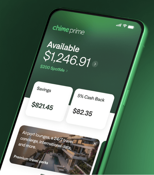 Chime Prime app screen showing available balance of $1,246.91, $200 SpotMe, savings of $821.45, 5% cash back of $82.35, and premium travel perks including airport lounges and 24/7 concierge.